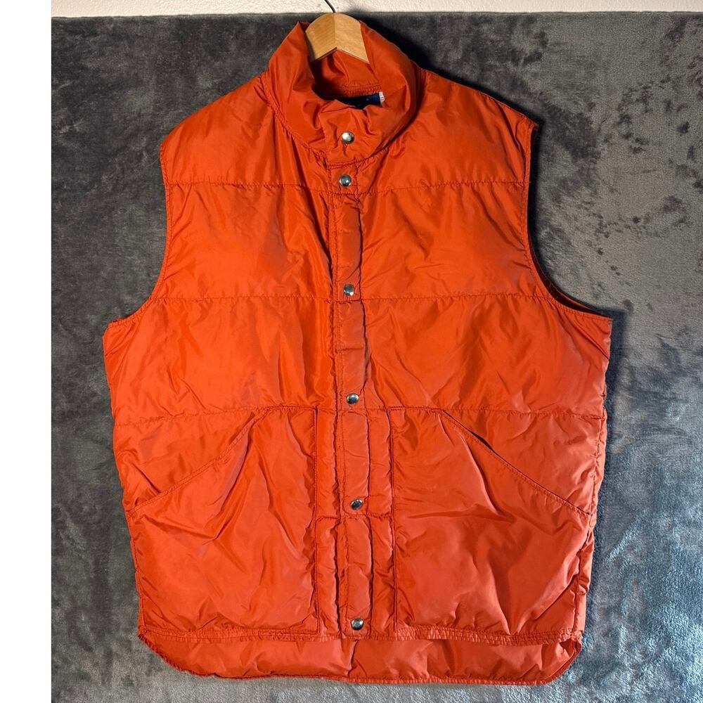 VTG 70s Down Fill Country USA Trucker Puffer Vest Orange Mens XL Denver Colorado